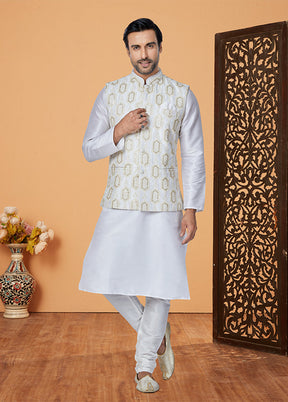 3 Pc Cream Silk Kurta Pajama with Jacket Set