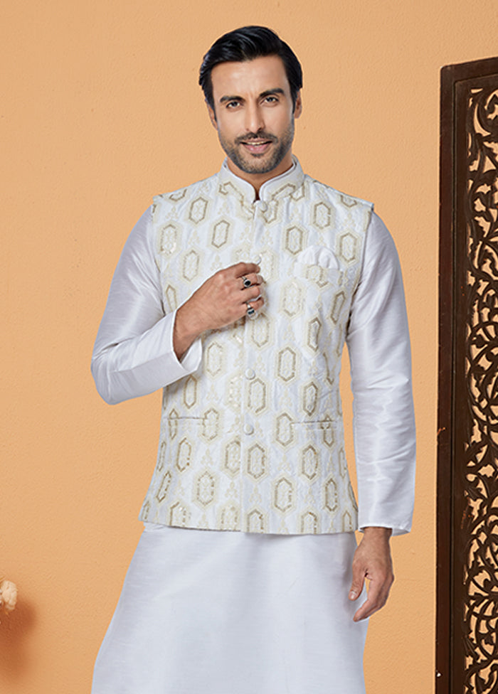 3 Pc Cream Silk Kurta Pajama with Jacket Set