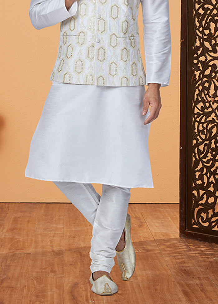 3 Pc Cream Silk Kurta Pajama with Jacket Set