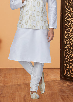 3 Pc Cream Silk Kurta Pajama with Jacket Set
