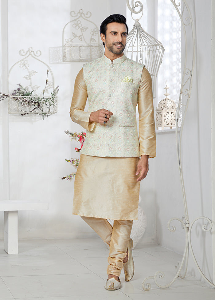 3 Pc Cream Silk Kurta Pajama with Jacket Set