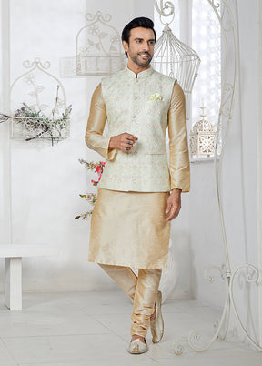 3 Pc Cream Silk Kurta Pajama with Jacket Set