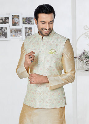 3 Pc Cream Silk Kurta Pajama with Jacket Set