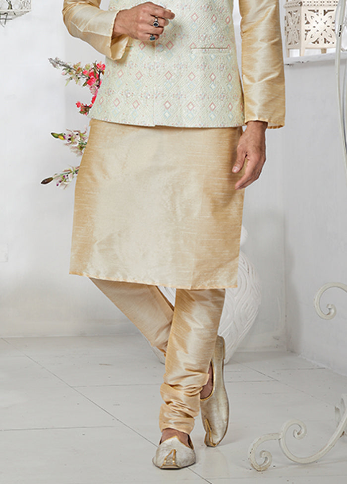 3 Pc Cream Silk Kurta Pajama with Jacket Set
