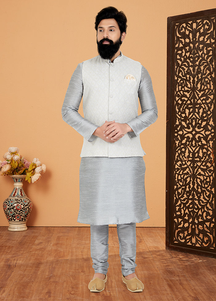 3 Pc Grey Viscose Kurta Pajama with Jacket Set