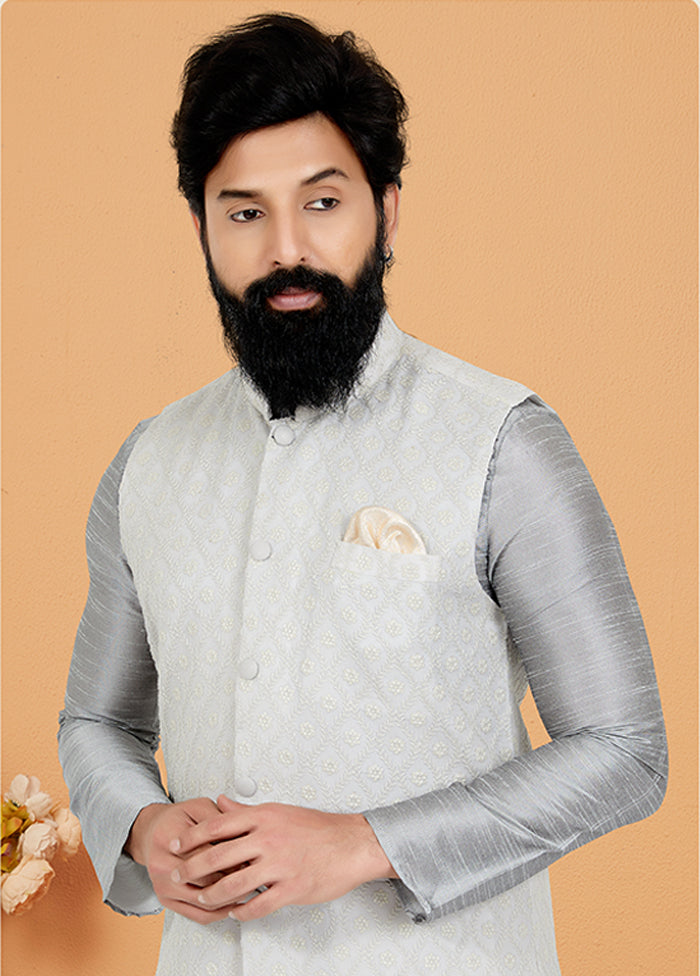 3 Pc Grey Viscose Kurta Pajama with Jacket Set