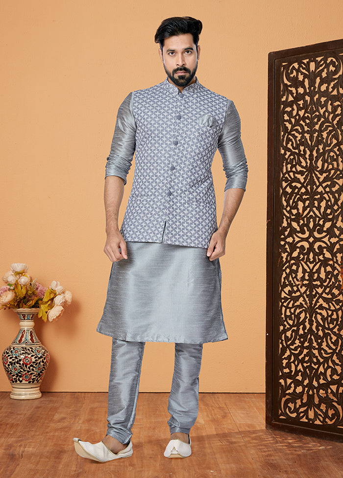 3 Pc Grey Viscose Kurta Pajama with Jacket Set