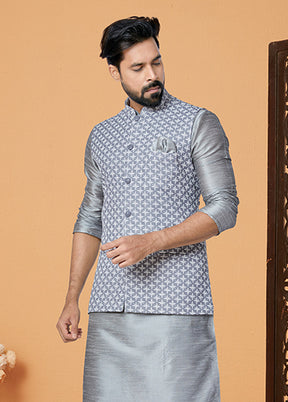 3 Pc Grey Viscose Kurta Pajama with Jacket Set