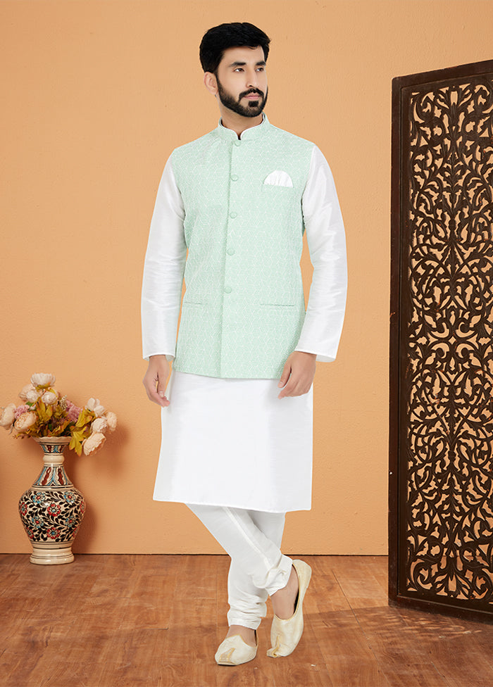 3 Pc White Silk Kurta Pajama with Jacket Set
