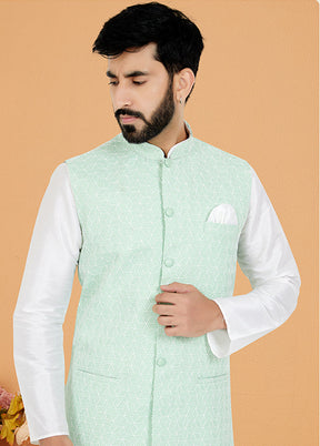 3 Pc White Silk Kurta Pajama with Jacket Set