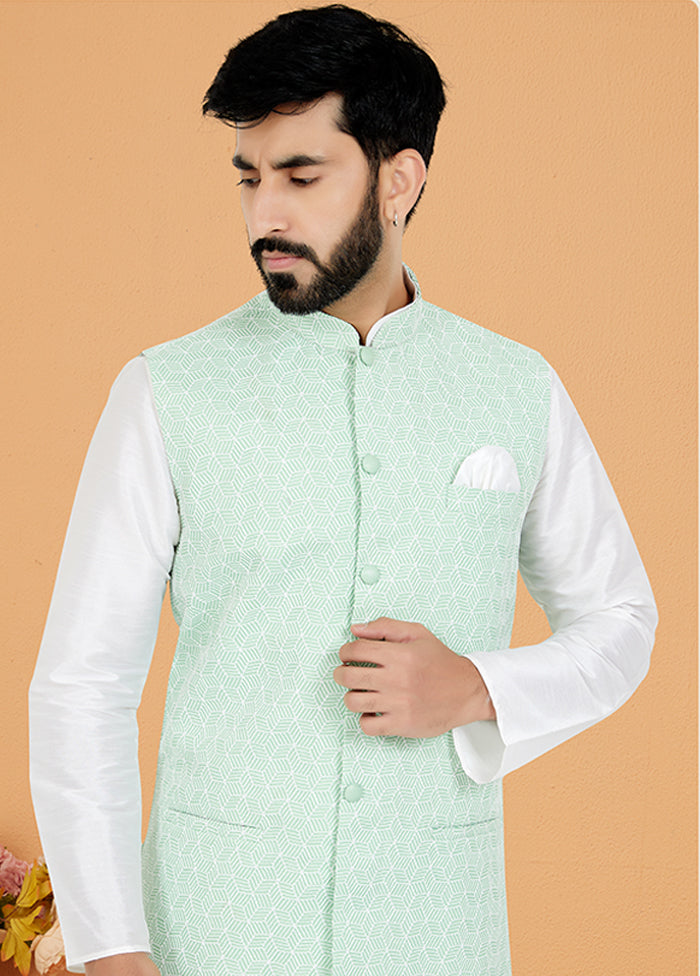 3 Pc White Silk Kurta Pajama with Jacket Set