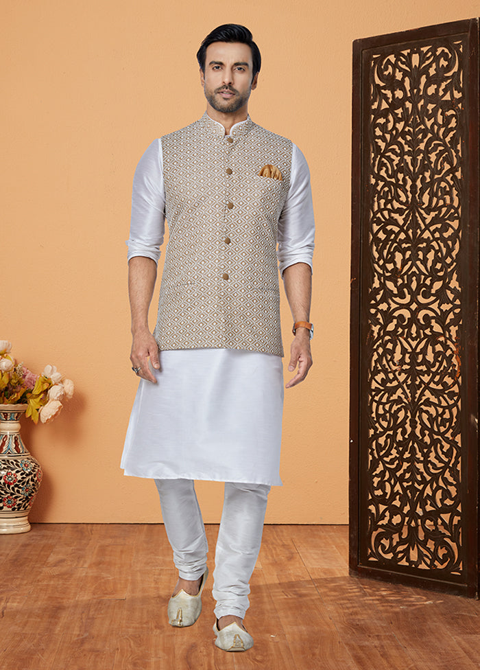 3 Pc Cream Viscose Kurta Pajama with Jacket Set