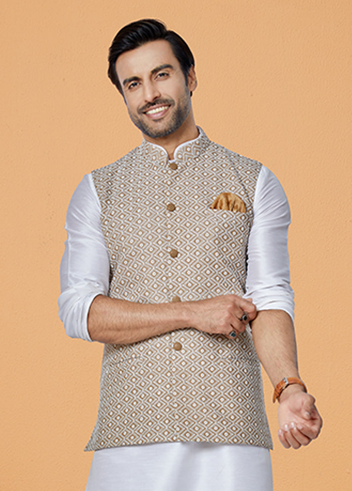 3 Pc Cream Viscose Kurta Pajama with Jacket Set