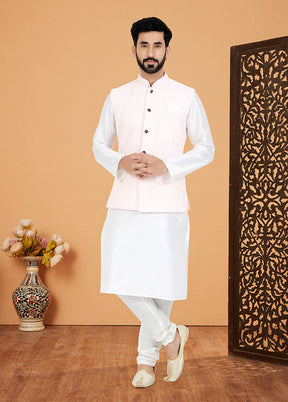 3 Pc White Viscose Kurta Pajama with Jacket Set