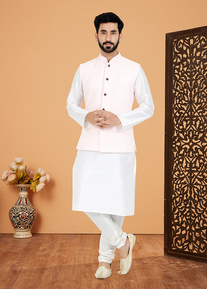 3 Pc White Viscose Kurta Pajama with Jacket Set