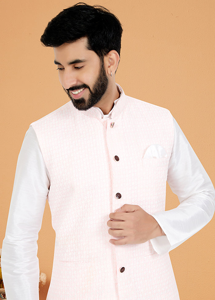 3 Pc White Viscose Kurta Pajama with Jacket Set