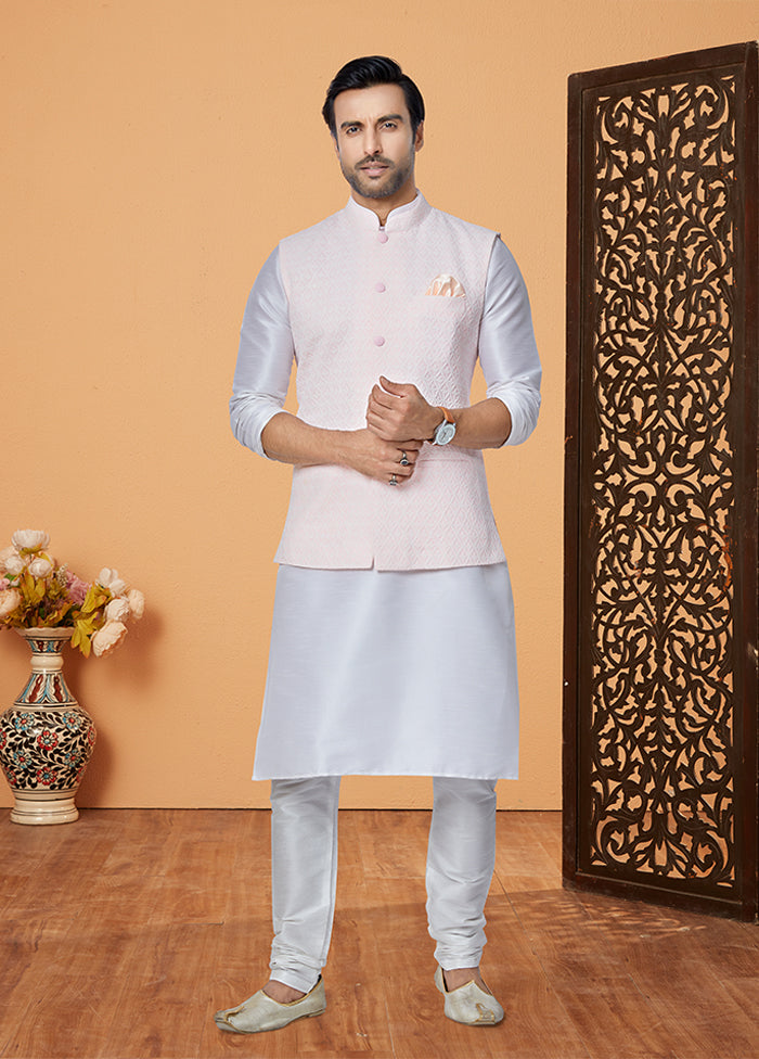 3 Pc Cream Viscose Kurta Pajama with Jacket Set