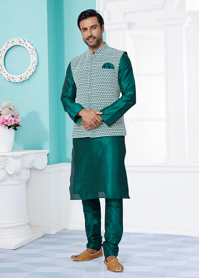 3 Pc Green Viscose Kurta Pajama with Jacket Set