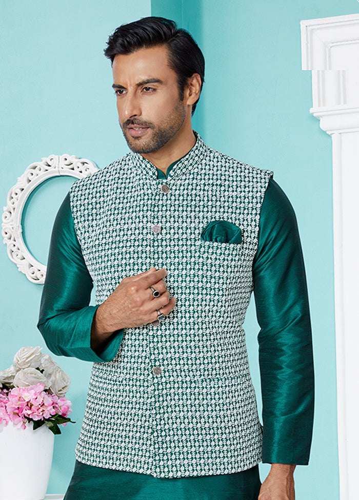 3 Pc Green Viscose Kurta Pajama with Jacket Set