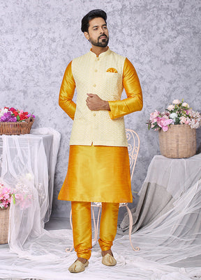 3 Pc Yellow Viscose Kurta Pajama with Jacket Set