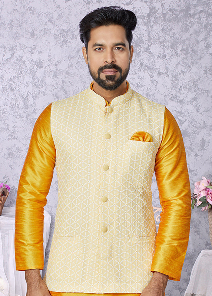 3 Pc Yellow Viscose Kurta Pajama with Jacket Set