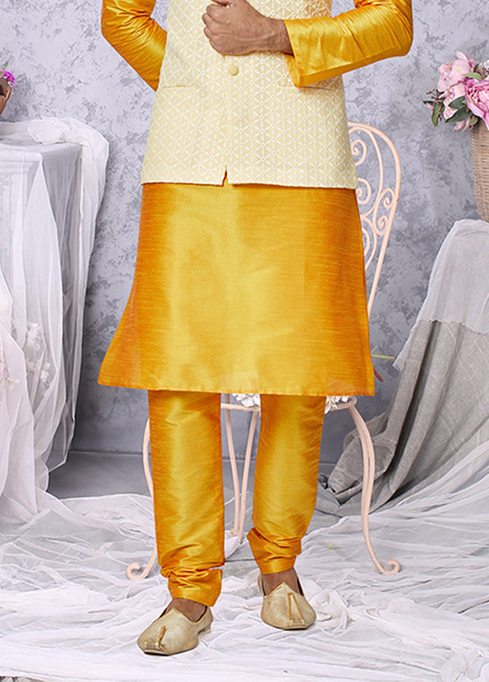 3 Pc Yellow Viscose Kurta Pajama with Jacket Set