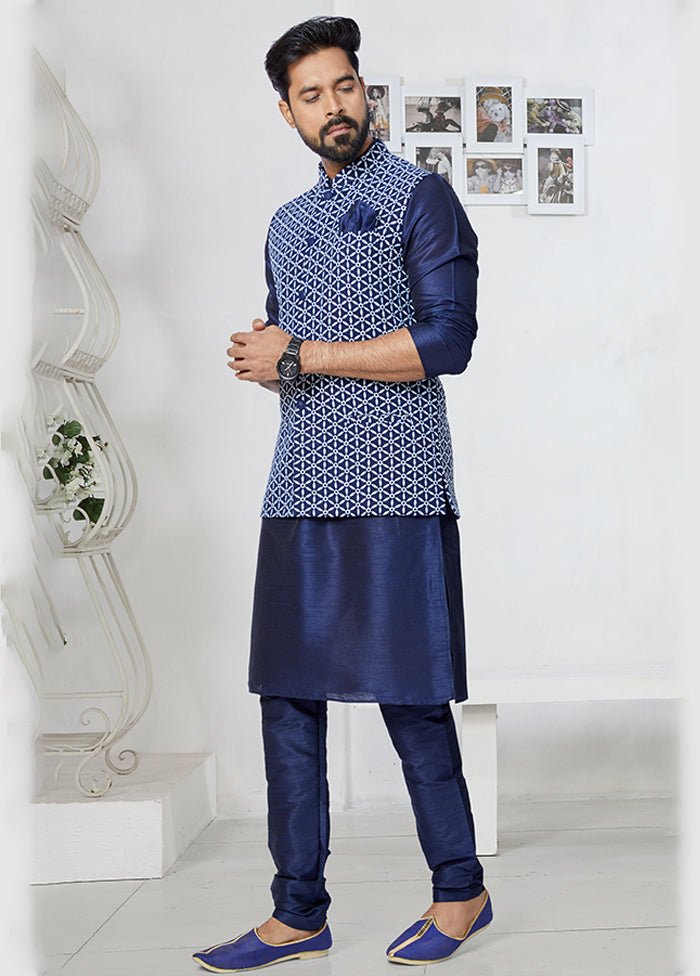3 Pc Blue Viscose Kurta Pajama with Jacket Set