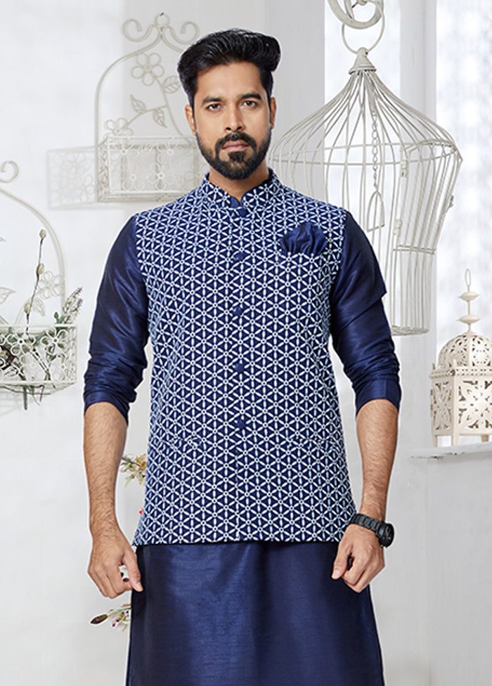 3 Pc Blue Viscose Kurta Pajama with Jacket Set
