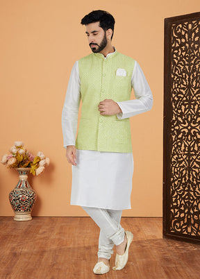 3 Pc White Viscose Kurta Pajama with Jacket Set