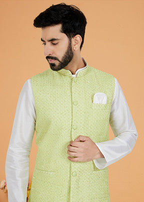 3 Pc White Viscose Kurta Pajama with Jacket Set