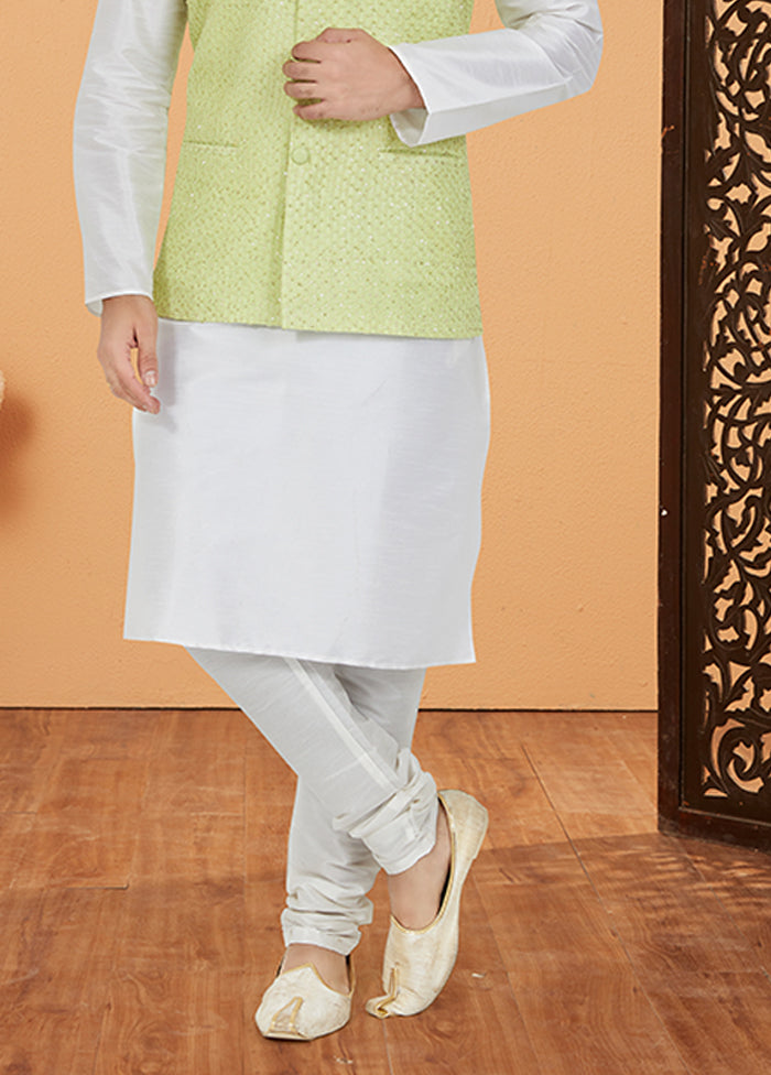 3 Pc White Viscose Kurta Pajama with Jacket Set