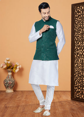 3 Pc White Viscose Kurta Pajama with Jacket Set