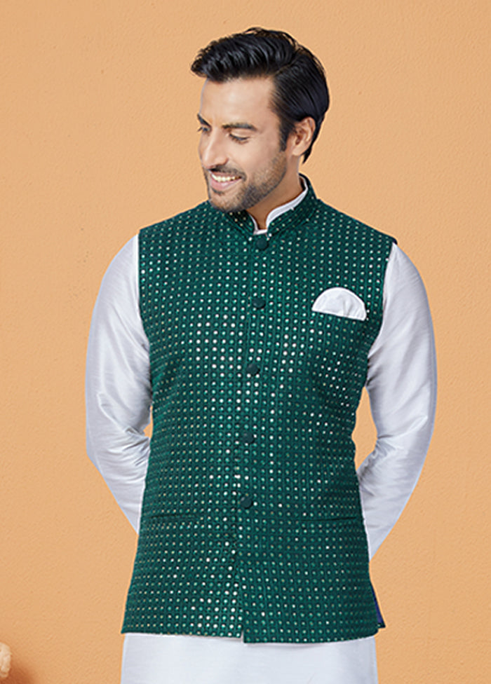 3 Pc White Viscose Kurta Pajama with Jacket Set