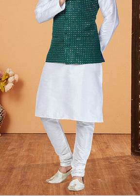 3 Pc White Viscose Kurta Pajama with Jacket Set