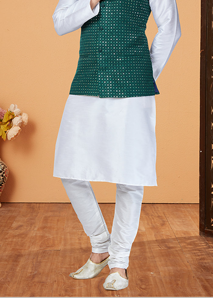 3 Pc White Viscose Kurta Pajama with Jacket Set