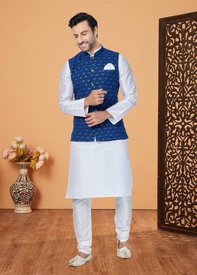 3 Pc White Viscose Kurta Pajama with Jacket Set