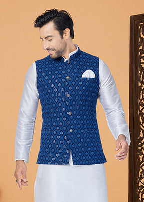 3 Pc White Viscose Kurta Pajama with Jacket Set
