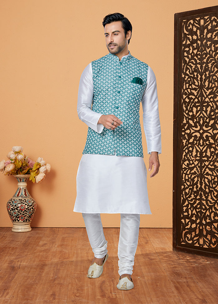3 Pc White Viscose Kurta Pajama with Jacket Set
