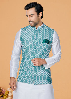 3 Pc White Viscose Kurta Pajama with Jacket Set