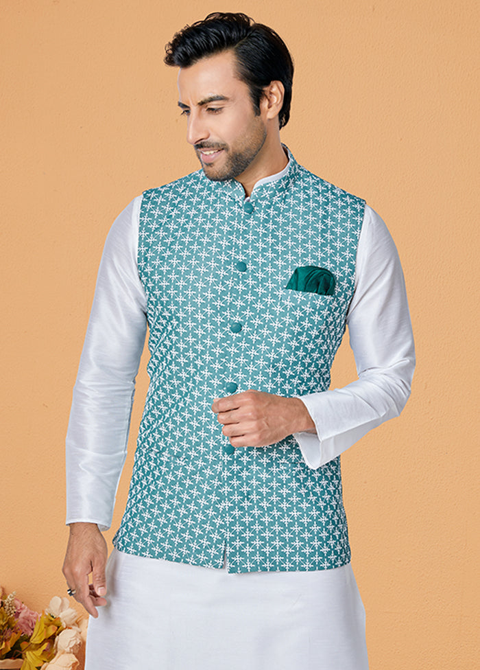 3 Pc White Viscose Kurta Pajama with Jacket Set