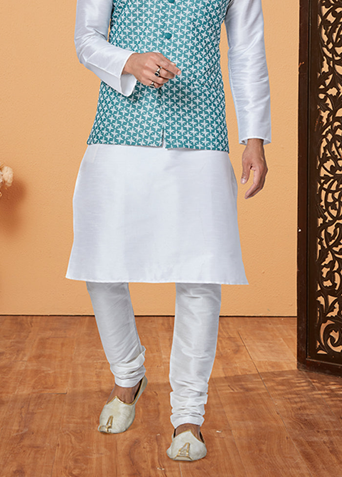 3 Pc White Viscose Kurta Pajama with Jacket Set
