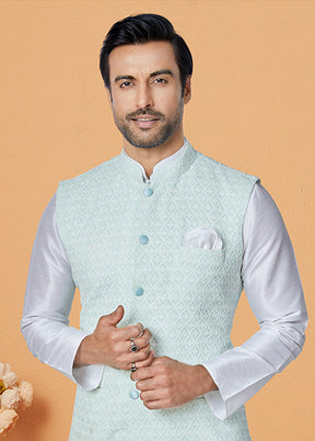 3 Pc Cream Viscose Kurta Pajama with Jacket Set