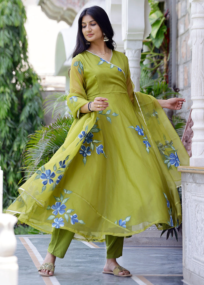 3 Pc Mehendi Readymade Silk Suit Set