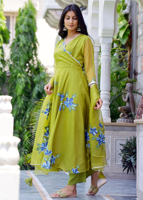 3 Pc Mehendi Readymade Silk Suit Set