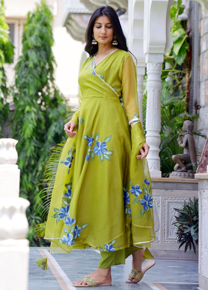 3 Pc Mehendi Readymade Silk Suit Set