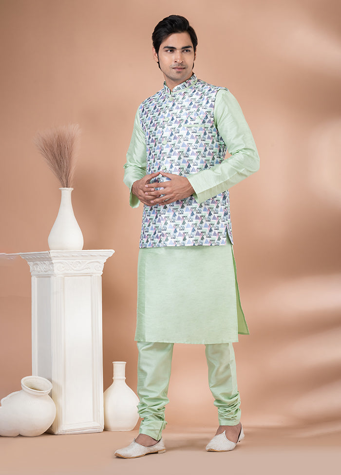 3 Pc Green Silk Kurta Pajama with Jacket Set