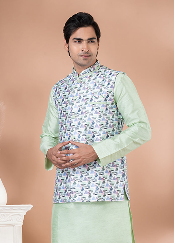 3 Pc Green Silk Kurta Pajama with Jacket Set
