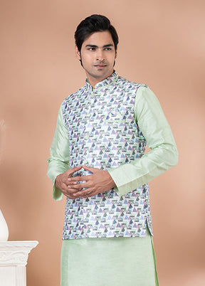 3 Pc Green Silk Kurta Pajama with Jacket Set