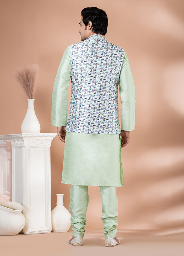 3 Pc Green Silk Kurta Pajama with Jacket Set