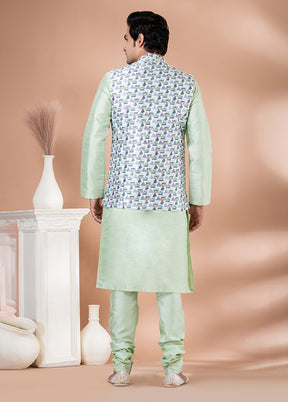 3 Pc Green Silk Kurta Pajama with Jacket Set